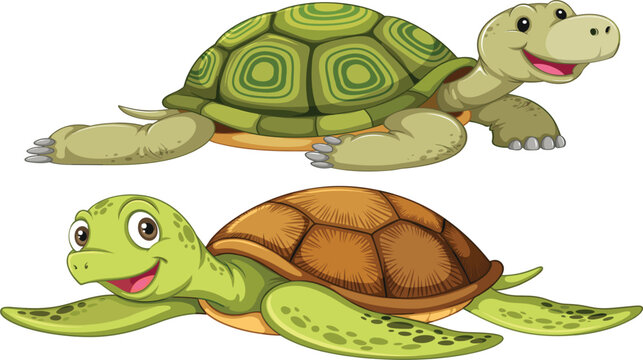 Cute Cartoon Sea Turtle Vector Set Featuring Happy Swimming Marine Turtles for Kids, Wildlife, Ocean Life, and Educational Illustration Designs