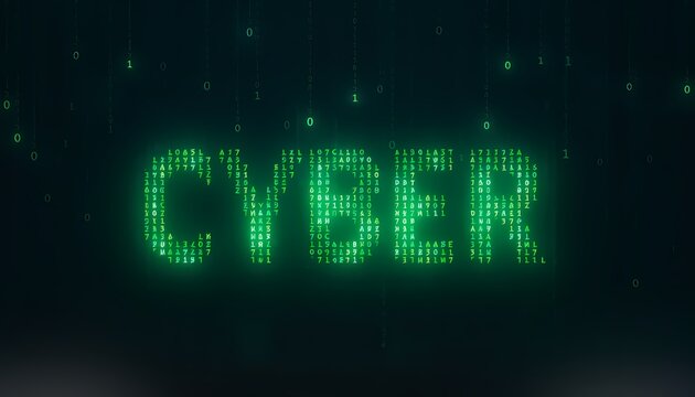 Cyber word in glowing green matrix code. Digital technology concept with binary data stream.
