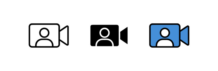 Fototapeta premium Video call line art icon in three styles including thin stroke outline flat silhouette and colored vector illustration for web and mobile application interface design simple modern graphic element set
