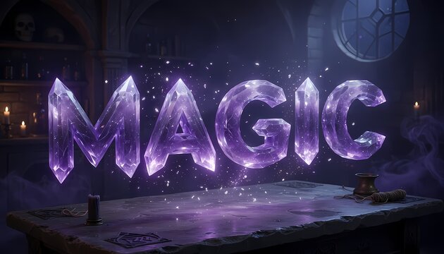 Glowing crystal word MAGIC. Fantasy purple letters floating above a wooden table.
