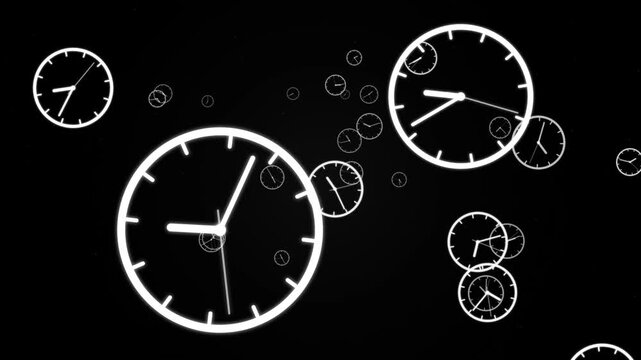 Fast Ticking Clocks. Glowing white analog clock icons floating on black background