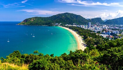 Obraz premium Aerial view of tropical island with crescent beach and clear water.