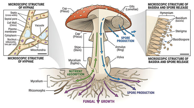 Detailed scientific diagram of a mushroom showing its anatomical structure from the mycelium to the cap and microscopic spore release