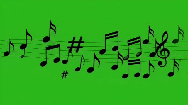Animated black musical notes and symbols flying across a chroma key green background in a synchronized rhythmic motion