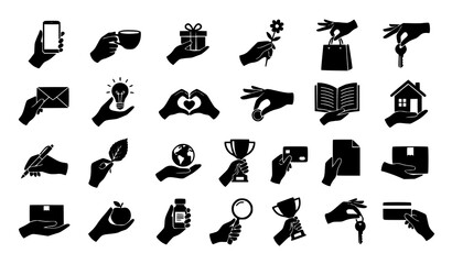 Fototapeta premium Hand Holding Objects Icons Collection with Gift Phone Book Key Trophy Home Payment Love and Everyday Lifestyle Silhouette Set