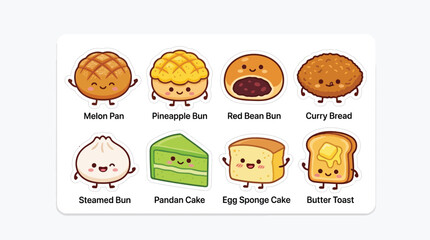 Fototapeta premium Collection of cute cartoon kawaii bread and pastry characters with happy faces.