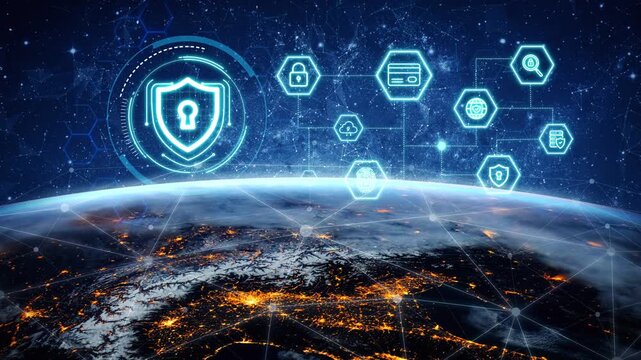 Digital Security Concept With Shield Icon Over Earth Illustration Representing Cyber Protection And Global Data Security in Space Environment. Entropy.