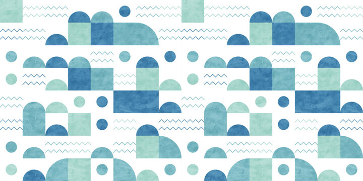 海（島や波）の水彩パターン背景 淡いブルーの幾何学的な風景イラスト