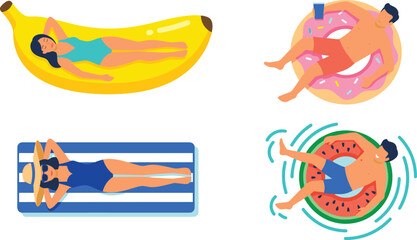 Naklejka premium Summer Vacation Vector Illustration Set with People Floating on Inflatable Fruit Mattress Donut Ring Watermelon Tube and Sunbathing on Striped Towel