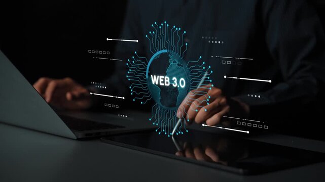A modern depiction of Web 3.0 technology featuring hands typing on a laptop, emphasizing the digital evolution and connectivity in a dark, tech-oriented space. Entropy.