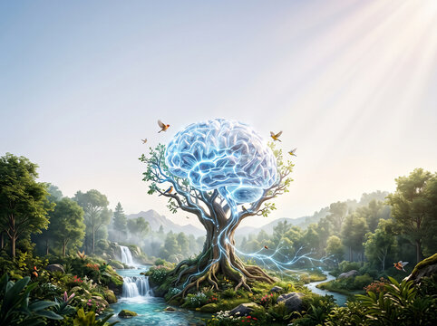 Glowing glass human brain sitting atop an ancient tree in a magical forest landscape for world brain day awareness with waterfall intelligence national background template illustration