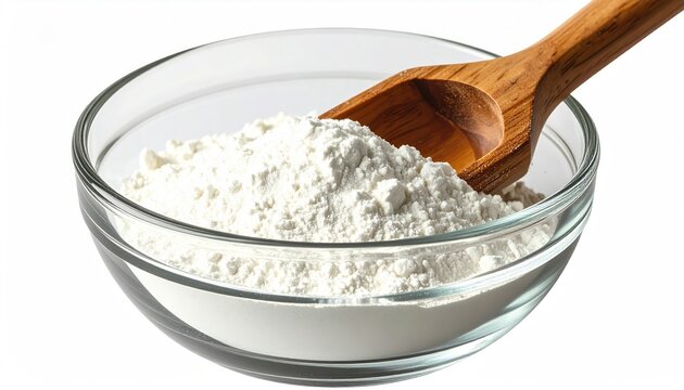 A clear glass bowl filled with white powdery ingredient and a wooden scoop
