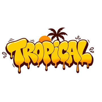 Bold tropical graffiti bubble lettering in classic throw-up style with thick outlines, spray paint inspiration, and dripping effects. Perfect for summer designs, beach themes, streetwear, stickers, po