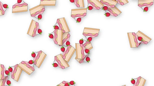 Retro Strawberry Cake Slices Falling on White Background Animation