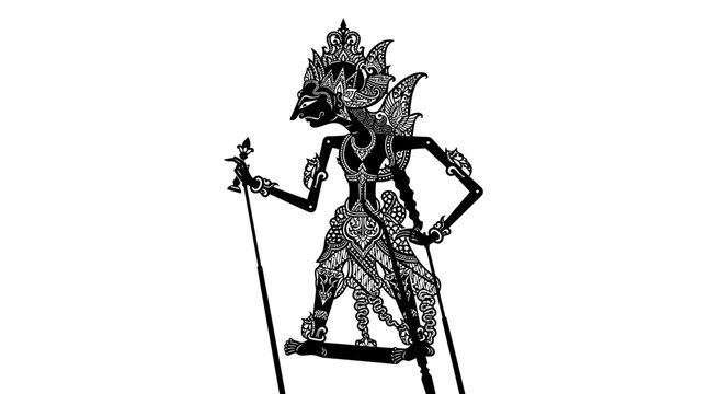 A traditional Javanese wayang kulit shadow puppet figure isolated on a white background.
