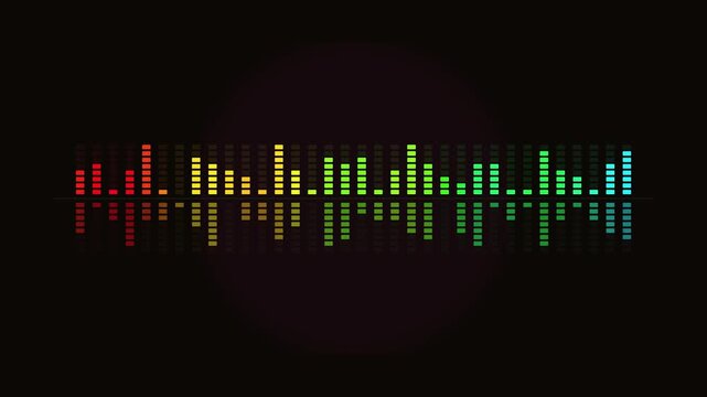 Digital audio equalizer bars moving on a dark background showing sound wave spectrum visualization for music and technology concepts
