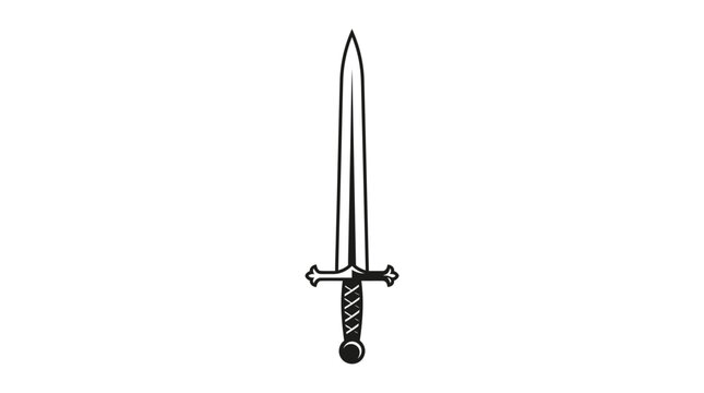 A detailed black and white line art illustration of a classic medieval knight sword.