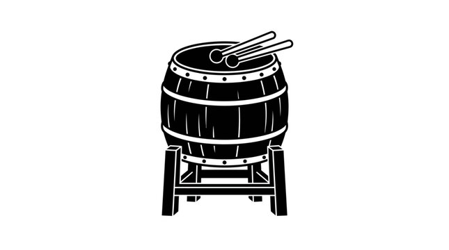 A black and white vector illustration of a traditional Japanese taiko drum on a wooden stand.