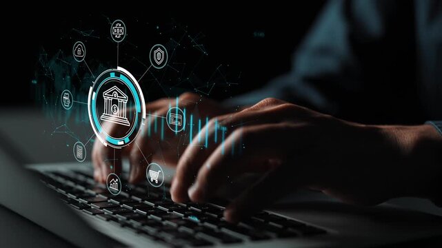 Hands Typing on Keyboard with Digital Bank Icons and Data Visualization in Background for Financial Technology Concept. Entropy.