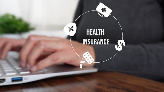 Close-up of a woman's hand working on a computer while pointing to an animated white circular health insurance icon. It represents healthcare, cost, and coverage. Ideal for insurance and healthcare.