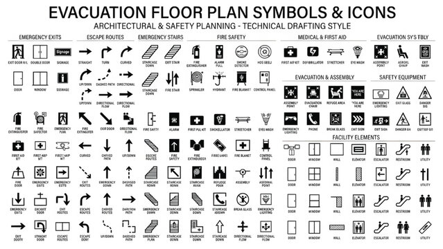 Evacuation floor plan symbols and icons set, architectural safety planning vector elements, technical drafting emergency exit and fire safety signs