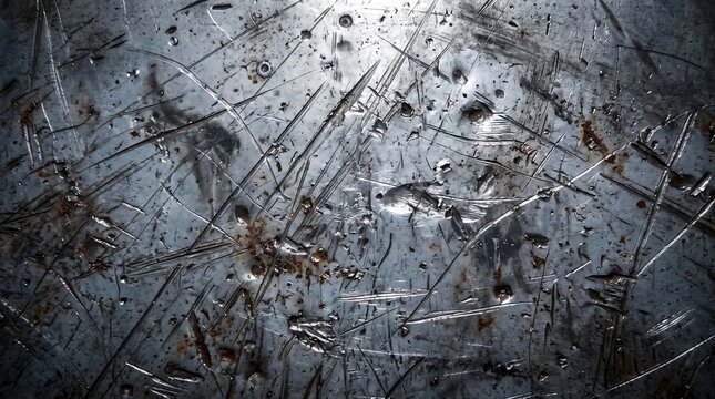 Close-up texture of a scratched, weathered metal surface with rust marks. Ideal for industrial backgrounds, grunge design, and gritty urban textures.