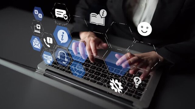 FAQ and online help icons show question, answer, and support system. FAQ improves online help experience, customer service quality, and FAQ knowledge access. Funnel