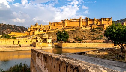 Fototapeta premium Ancient stone fortress overlooking serene river valley.