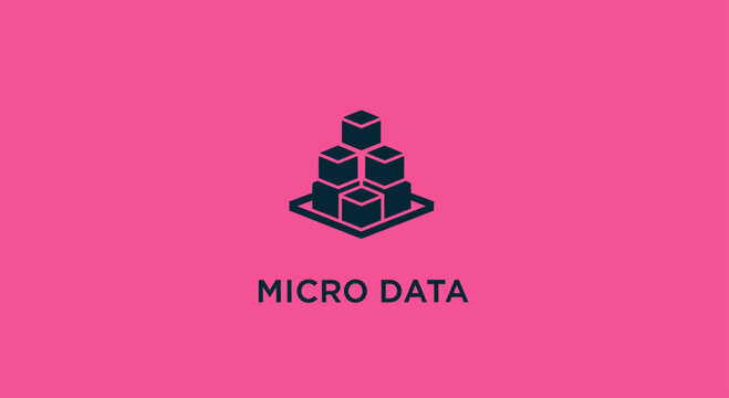 Micro data logo with cube icon on pink background.