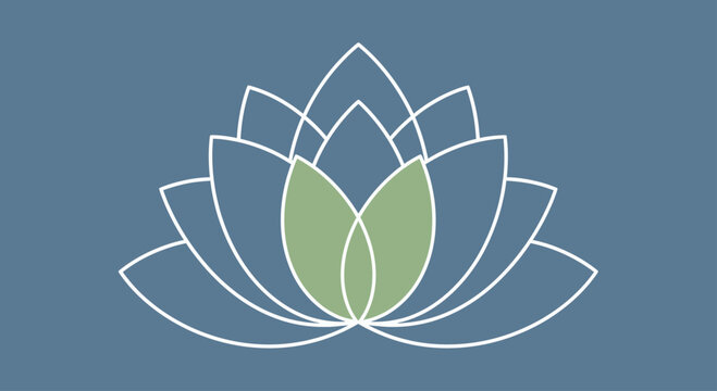 Stylized blue lotus flower outline with green center leaf.