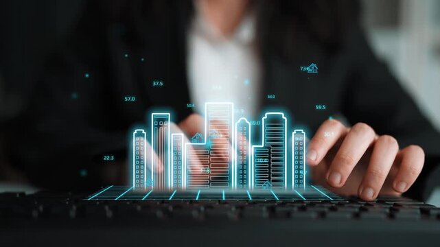 Business Analyst Using Laptop with Digital Financial Graph and Chart Overlay Representing Growth, Economy, and Market Trends in Modern Office Environment. Entropy.