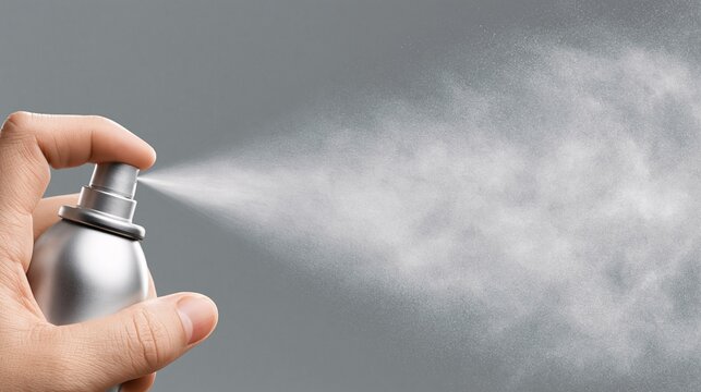 Hand holding silver spray can releasing fine mist against neutral gray background.