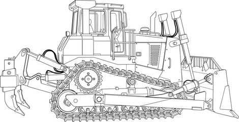Crawler Bulldozer Technical Line Drawing with Ripper and Blade Engineering Illustration © Md