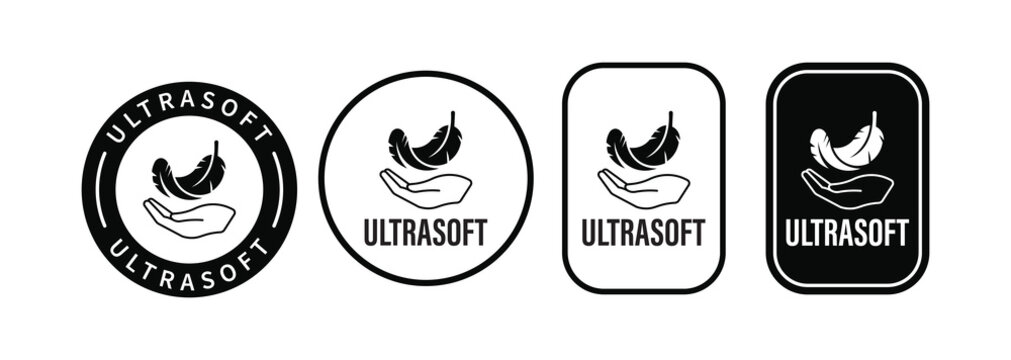 Ultra soft logo with feather icon set. High comfort structure, ultrasoft, ultra, softness, light, sensitive skin, comfort fabric softener icon, label, logo, line, vector, illustration