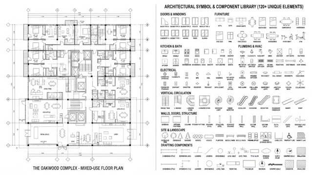 Architectural symbol and component library with 130+ unique elements, mixed-use floor plan vector, professional blueprint icons for construction and design