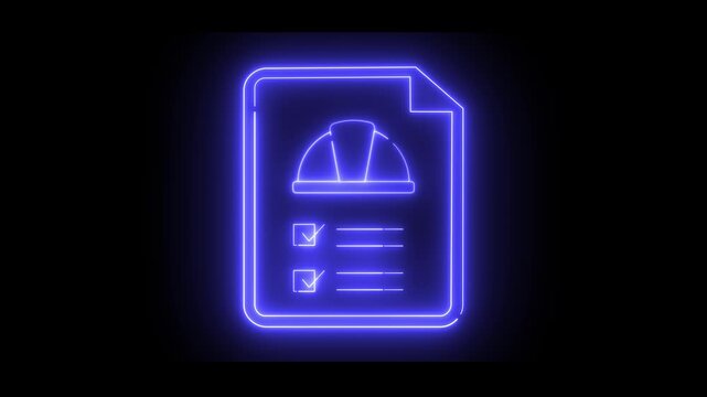 Neon blue document icon featuring a construction helmet and checklist symbols. The design suggests themes of safety, planning, or inspection. Ideal for engineering and construction.