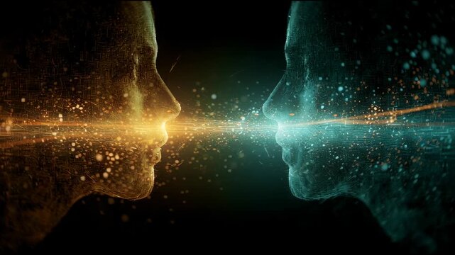 Two faces created with light interact through a visual connection, showing a digital conversation in a unique art style.