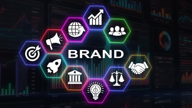 Brand business strategy development animation with marketing icons set.