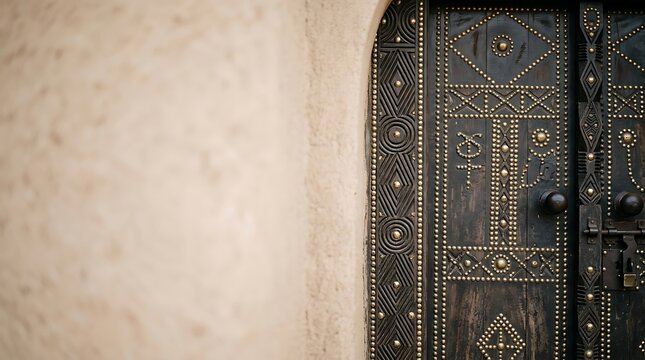 Traditional ornate wooden door with brass studs in desert wall