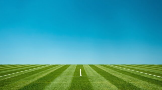 Vast empty grass court under clear bright blue sky with center marking with emphasizing openness tranquility captures meticulously maintained