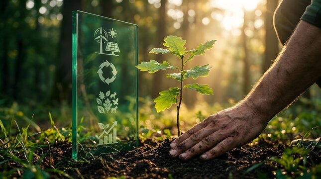 Environmental conservation ESG concept featuring hand planting oak sapling beside glass panel with renewable energy and circular economy icons in forest
