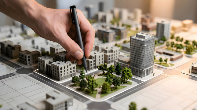Urban planning architectural model with hand drawing boundaries around city park and modern office buildings representing real estate development strategy