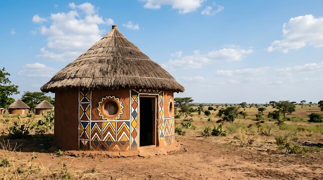 Traditional painted african hut in a rural savannah landscape
