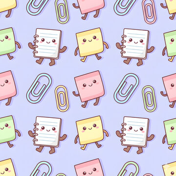 seamless pattern of happy notebooks with little feet, smiling paper clips, and cheerful sticky notes