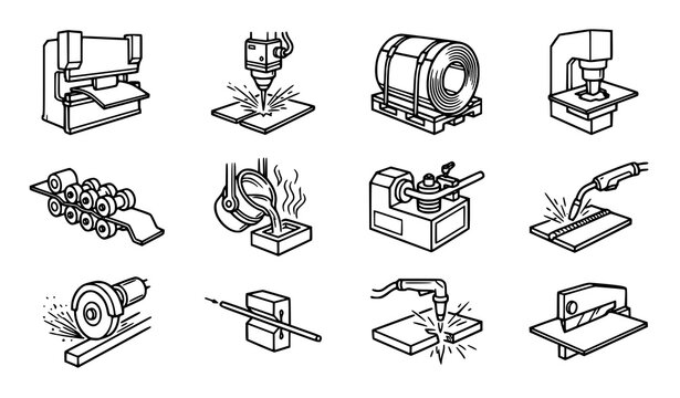 Metal fabrication processes linear icons with editable stroke sheet metal bending casting vector