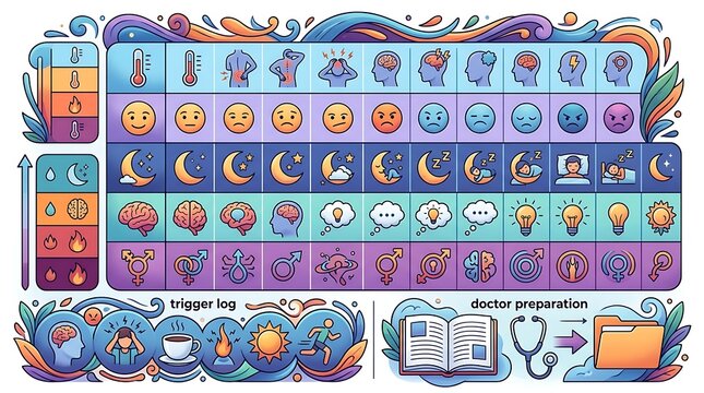 Comprehensive medical symptom diary with mood and sleep tracking icons