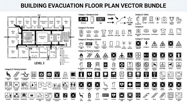 Building evacuation floor plan vector bundle, fire safety emergency exit icons set, architectural blueprint map with hazard warning symbols
