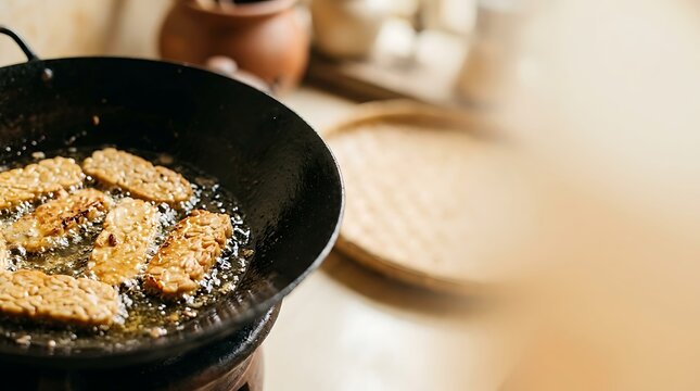 Slices of tempeh frying in hot oil in a black wok