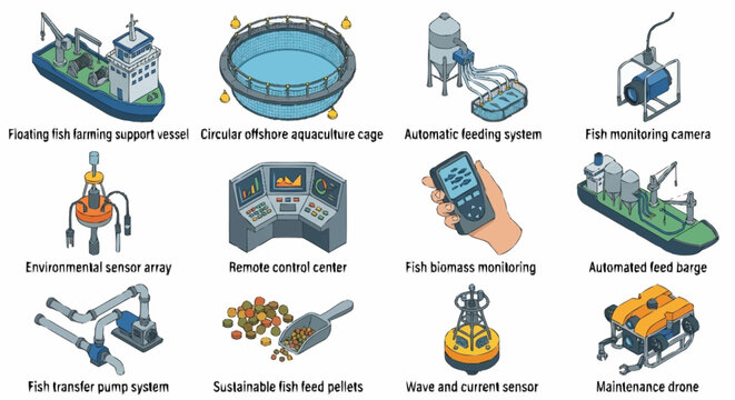 Illustration of modern aquaculture and fish farming technology systems.