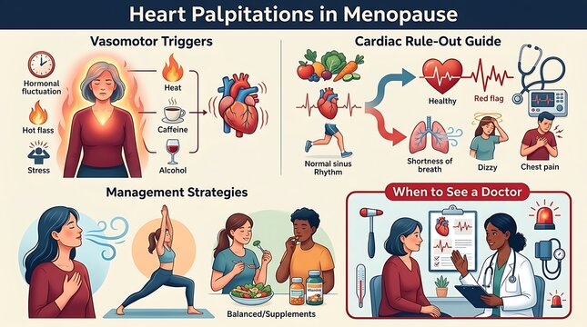 Medical infographic for heart palpitations and menopause symptoms